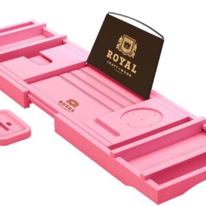 ROYAL CRAFT WOOD Luxury Bathtub Caddy Tray, One or Two Person Bath and Bed Tray, Bonus Free Soap Holder (Pink)