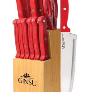 Ginsu Kiso 14-Piece Red Knife Set with Natural Block - Dishwasher Safe and Always Sharp